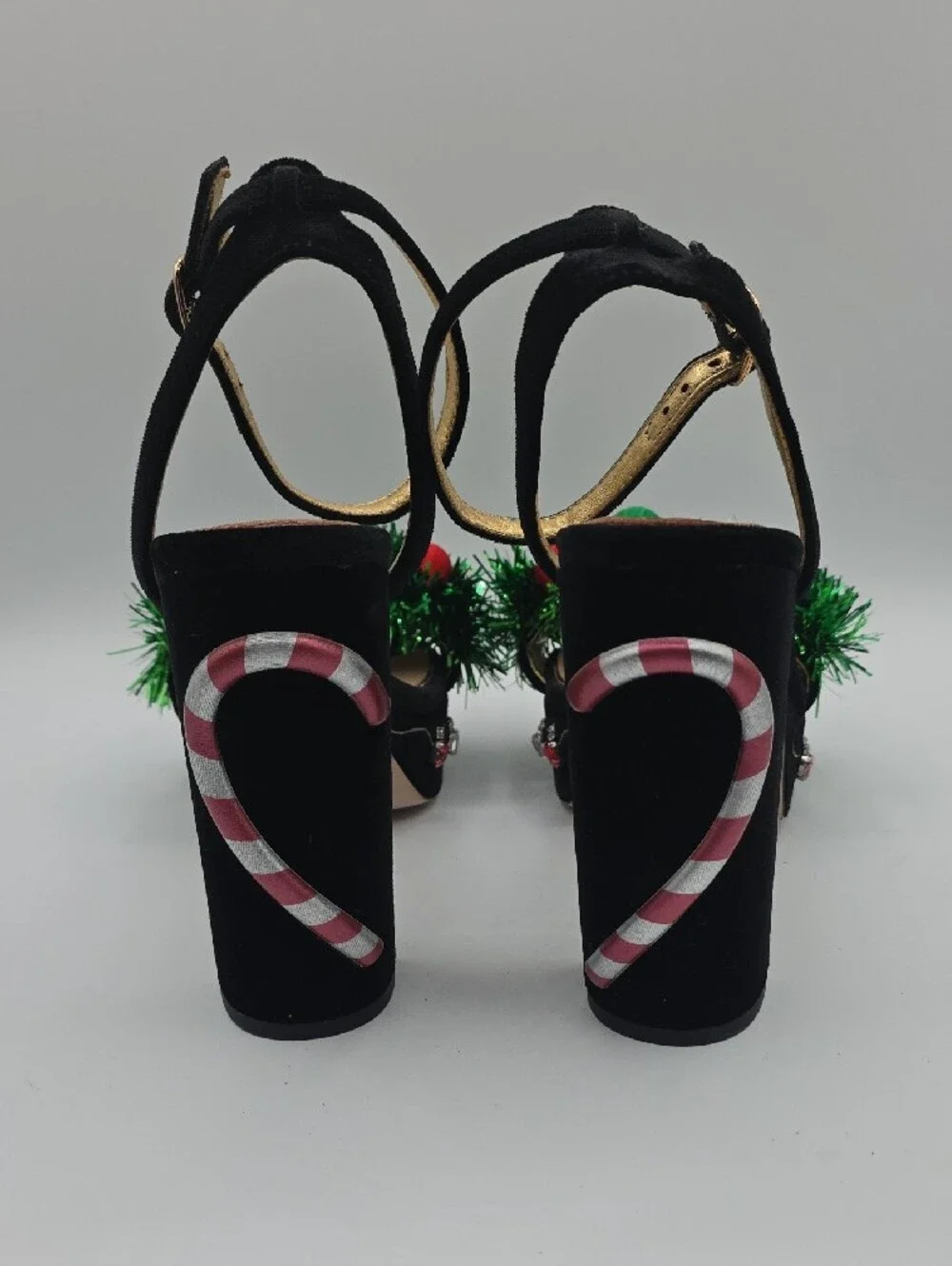 ANTONIO MELANI Black Velvet Heels with Green Tinsel and Red & Gold Ornaments